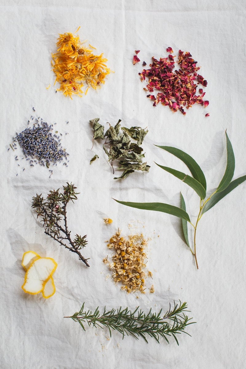 Dried and fresh herbs used in a herbal facial steam in a flat lay