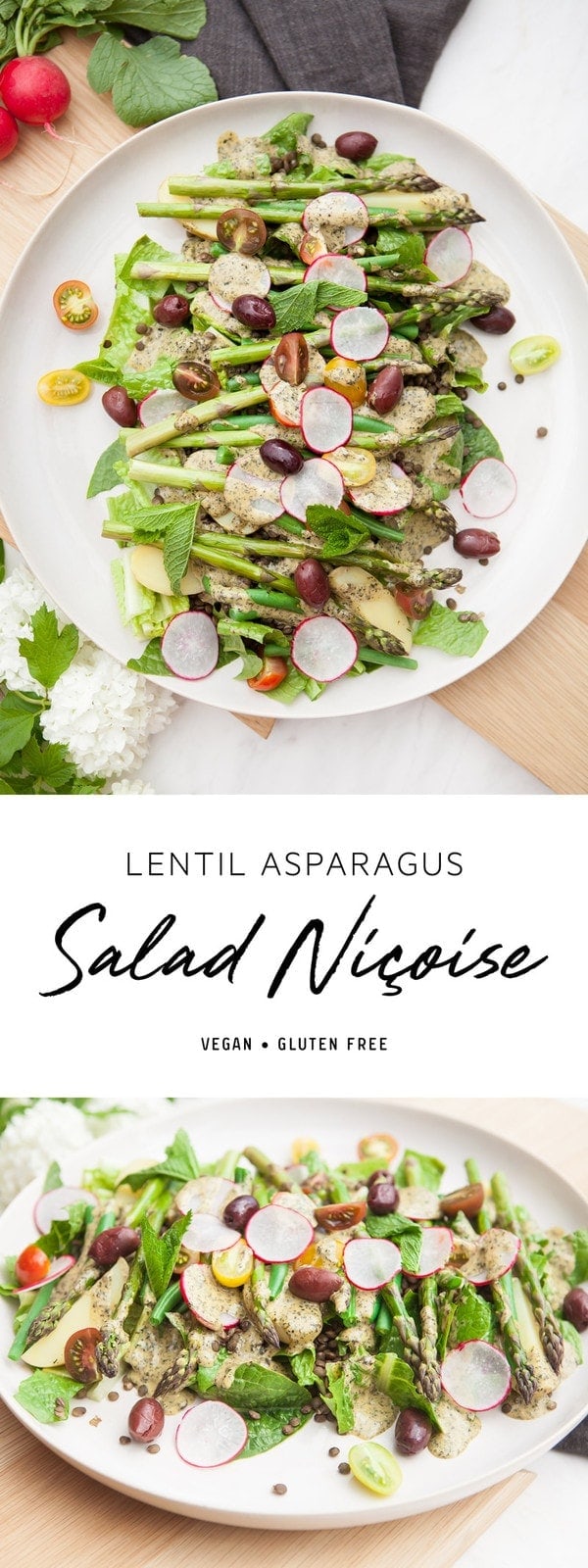 This vegan Lentil and Asparagus Nicoise Salad recipe is packed full of nutrients. Made without egg or tuna, it has a creamy mustard dressing infused with capers, seaweed and black salt. The perfect summer picnic recipe. #summersalads #summersaladideas #vegansaladideas #veganpicnicideas #summersaladrecipes #vegannicoise #lentilnicoise #nicoisesalad #glutenfreesaladideas #veganpicnicrecipes #picnicrecipes #picnicideas #nicoisesaladdressing #nicoisesaladdresingvegan #vegansaladdressing #AscensionKitchen // Pin to your own inspiration board! // 