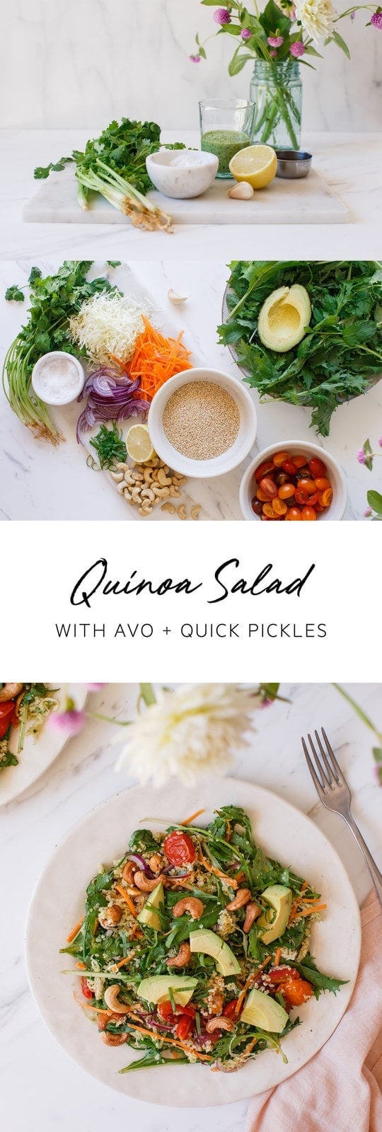 A superfoods quinoa salad with avocado and toasted cashews. Add a vegan Green Goddess dressing and some quick meals, and you’ve got one plant-based meal. #quinoasalad #plantbased #vegansalad #vegetariansalad #glutenfreesalad #vegandressing #greengoddessdressing #quickpickles #easyvegandinner #easyvegansalad #AscensionKitchen
