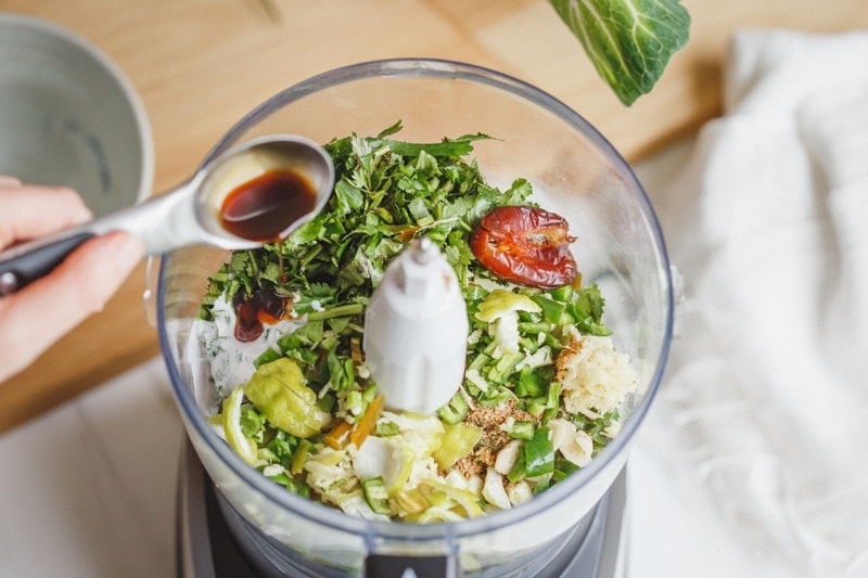 Ingredients for a Thai Green Curry Paste in a food processor