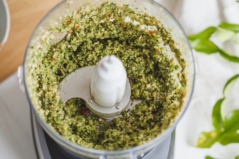 Homemade green curry paste  in a food processor