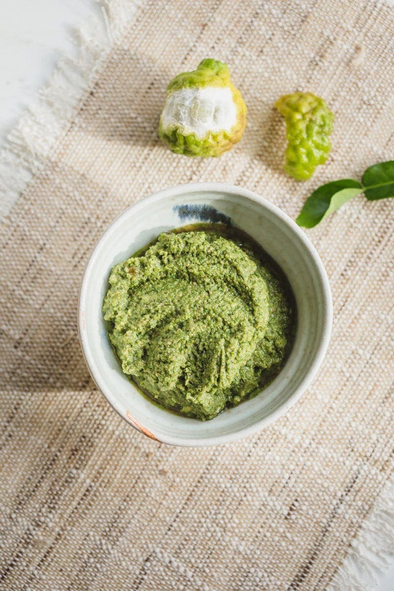 A freshly made Thai Green Curry Paste recipe in a lovely ceramic dish