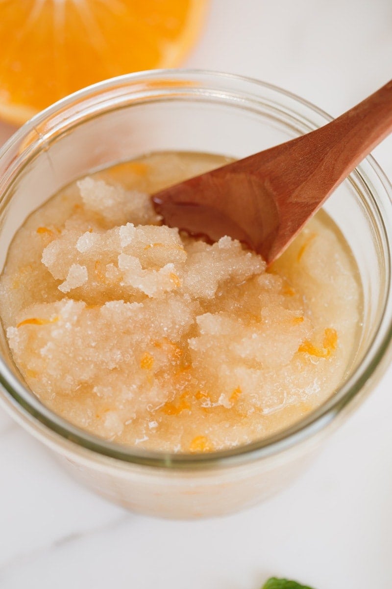 Close up of homemade sugar scrub in jar