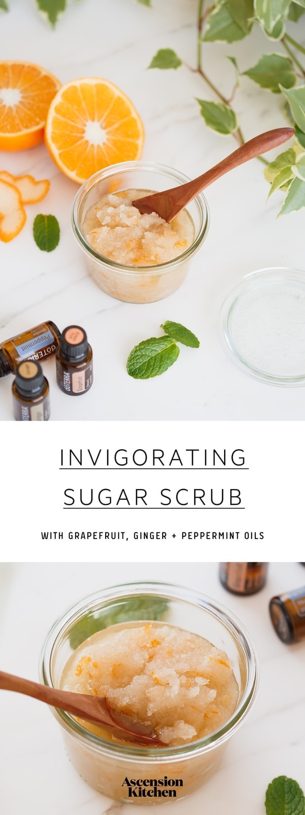 An invigorating homemade sugar scrub infused with grapefruit, ginger and peppermint essential oils. #sugarscrub #diybeautyrecipes #sugarscrubessentialoils #essentialoilrecipes #doterra #cellulite #beautyrecipes #skincare #diybeauty #natural #AscensionKitchen // Pin to your own inspiration board! //