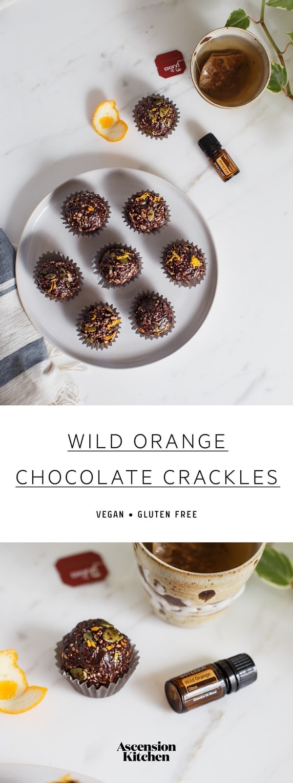 A simple recipe for chocolate crackles infused with wild orange essential oil. #chocolatecrackles #chocolatetruffles #essentialoilrecipes #wildorange #doterrarecipes #vegantruffles #easytreats #healthytreats #quickdesserts #healthydesserts #sweetrecipes #sweetideas #AscensionKitchen // Pin to your own inspiration board! //
