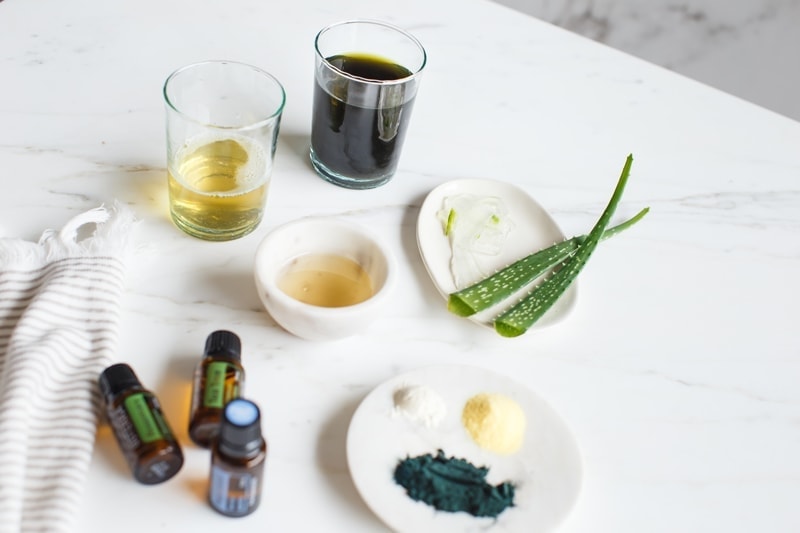 Ingredients used in a homemade natural shampoo on the kitchen bench