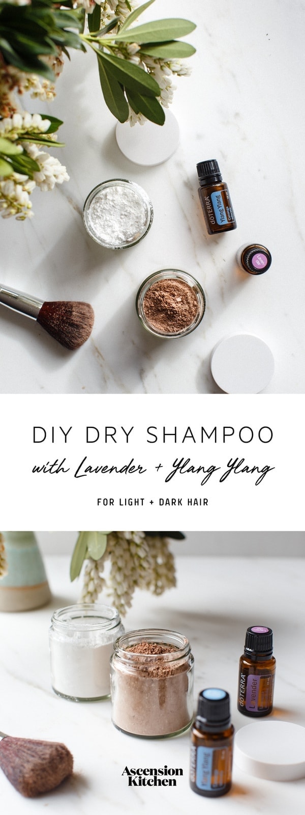 A cheap and simple DIY dry shampoo for light and dark hair – scented with lavender and ylang ylang essential oils to promote healthy locks. #diybeauty #diyhair #dryshampoo #diydryshampoo #diyessentialoils #doterra #doterrarecipes #beautyrecipes #AscensionKitchen