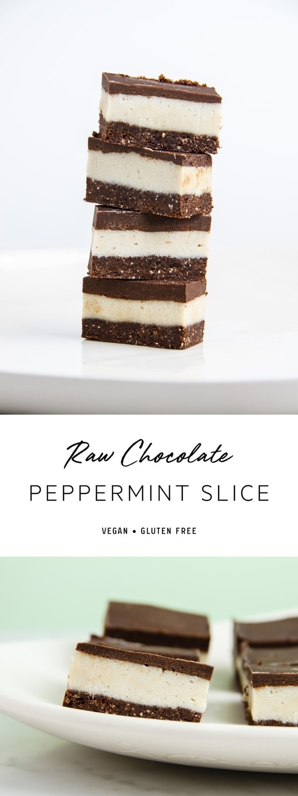 Raw Chocolate Peppermint Slice – a biscuit base with a creamy peppermint filling, topped with a thick raw chocolate spread. #dessertideas #unbake #slices #dairyfree #glutenfree #veganslice #veganrecipe #vegandesserts #peppermintrecipes #doterra #doterrarecipes #peppermintslice #AscensionKitchen