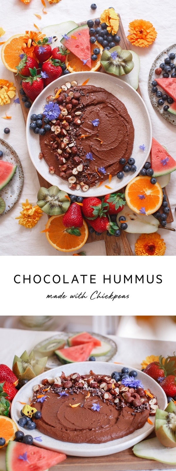 Chocolate Hummus – who would have thought?! 6 simple ingredients, 5 minutes to make, protein and fibre rich. Fluffy and rich, perfect with fresh summer fruits. #chocolatespread #chocolatehummus #veganspread #dessertideas #healthychocolateideas #healthydesserts #kidsrecipesideas #kidsdesserts #partyideas #kidsparty #kidscooking #AscensionKitchen