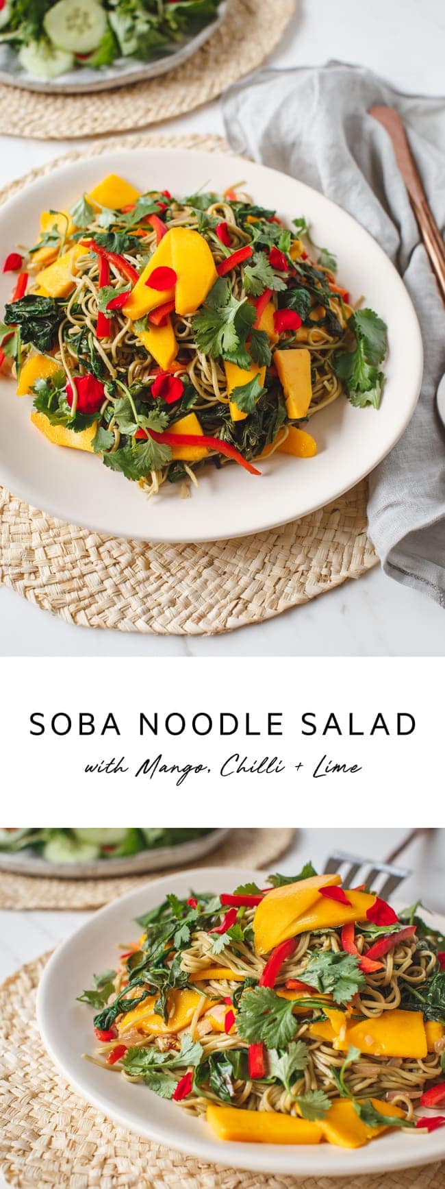 Mango Soda Noodle Salad packed with gently cooked greens and finished with a tangy chilli and lime dressing. #mangosalad #sobanoodles #sobasalad #chillilime #quickdinner #healthydinnerideas #healthymains #vegandinner #veganrecipes #AscensionKitchen 