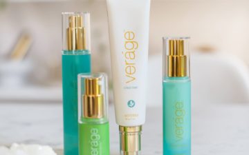 doTERRA's Verage skin care collection, bookcase with plants in the background
