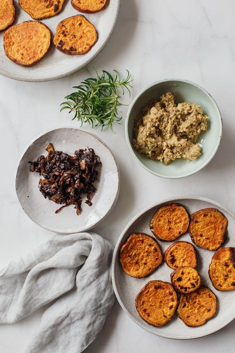 Ingredients for a sweet potato bruschetta recipe laid out