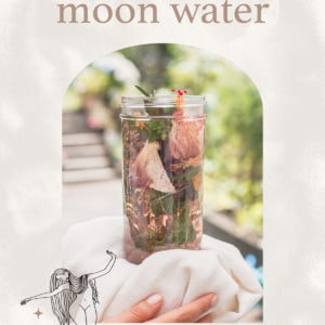 Lauren holding a large jar of moon water, the words "how to make moon water" are at the top, and the Ascension Kitchen logo at the bottom.