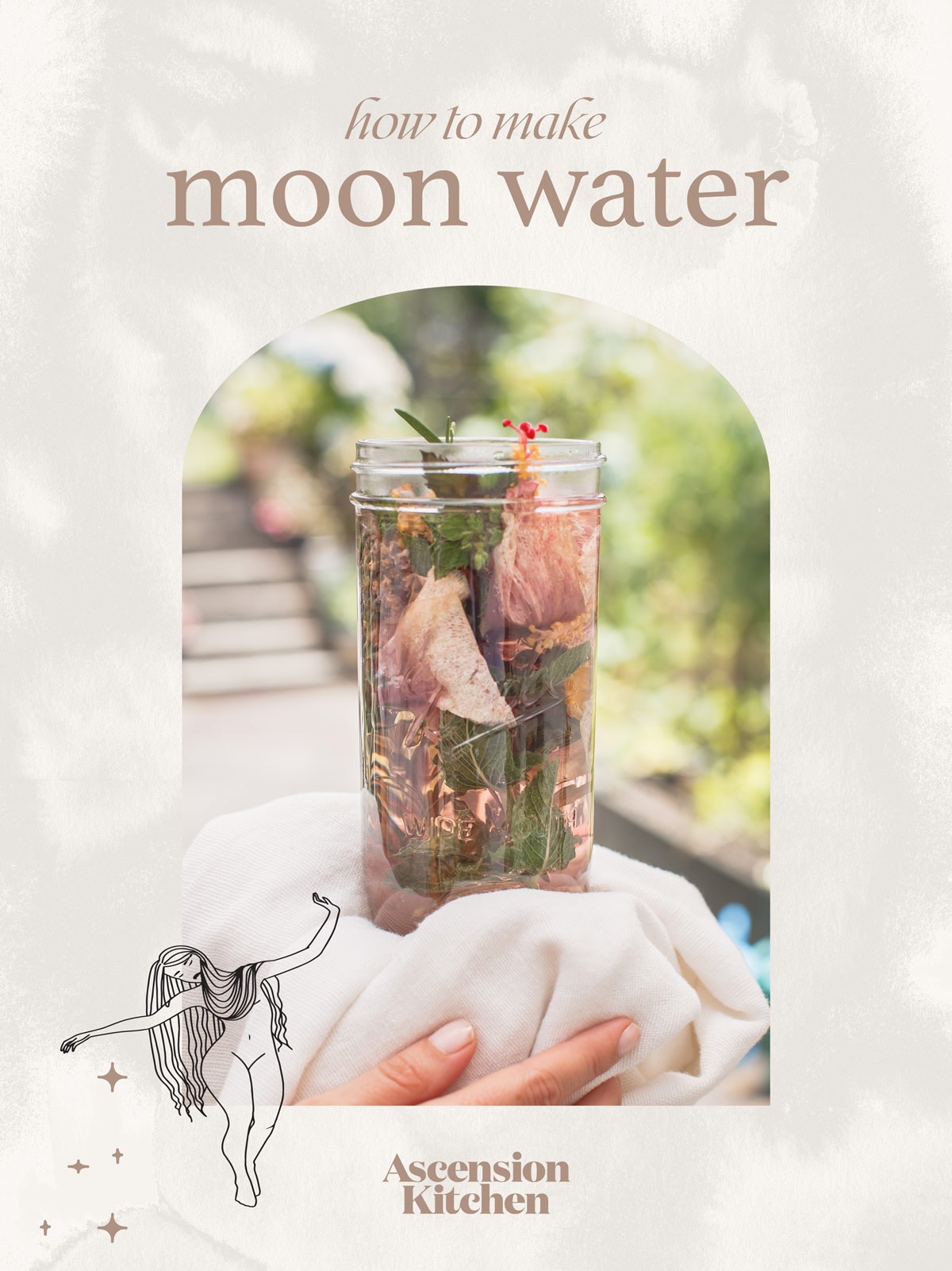 A collage of two images, Lauren holding a jar filled with colourful herbs and flowers, and a close up of the fresh herbs, petals and leaves arranged over a cloth