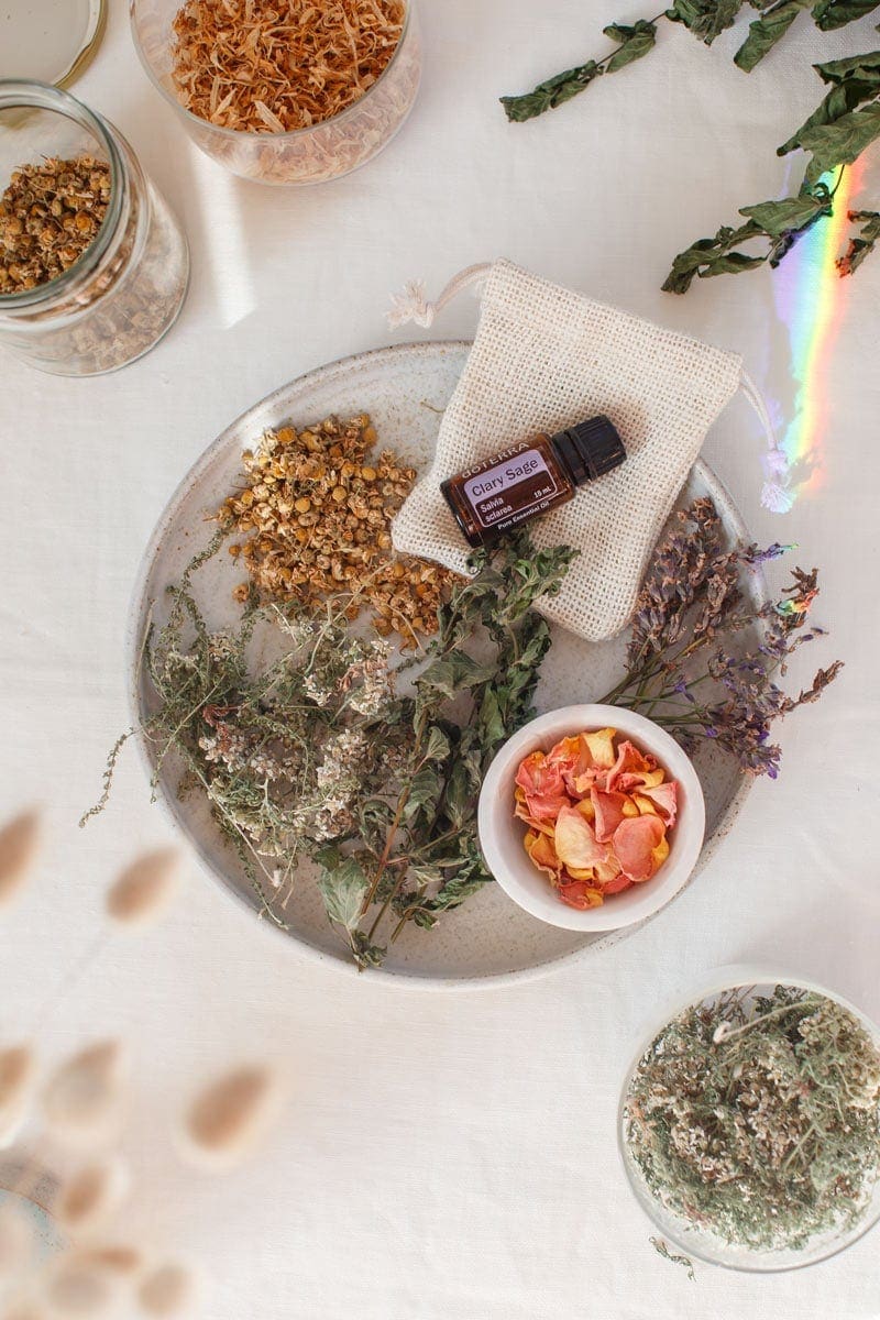 Flat lay of ingredients for a herbal bath