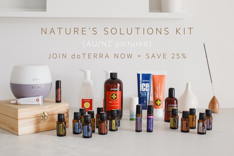 All the items in doTERRA's Natural Solutions Kit arranged beautifully on a marble counter