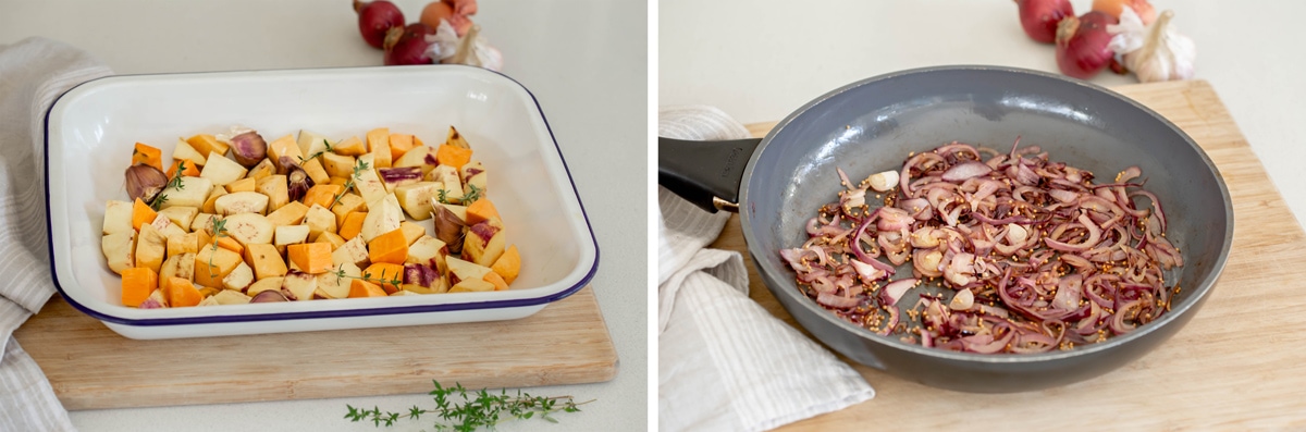 On the left, roasting kumara. On the right, frying onions with mustard in a pan.