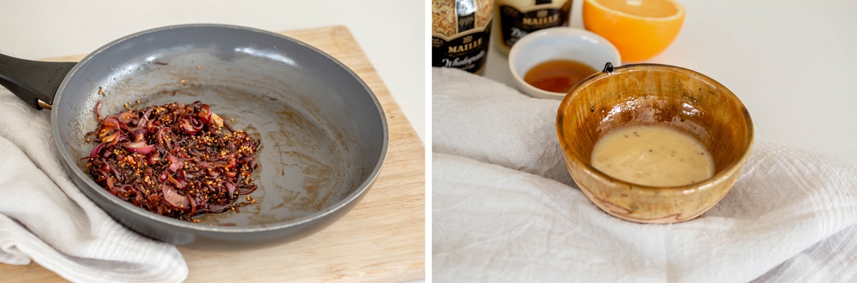 On the left, caramelised onions in a pan, on the right, orange dressing whisked together in a small bowl.