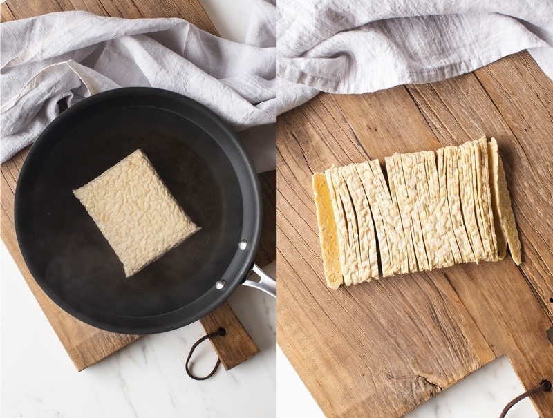 Making vegan taco meat - boiling the tempeh and slicing it very thin