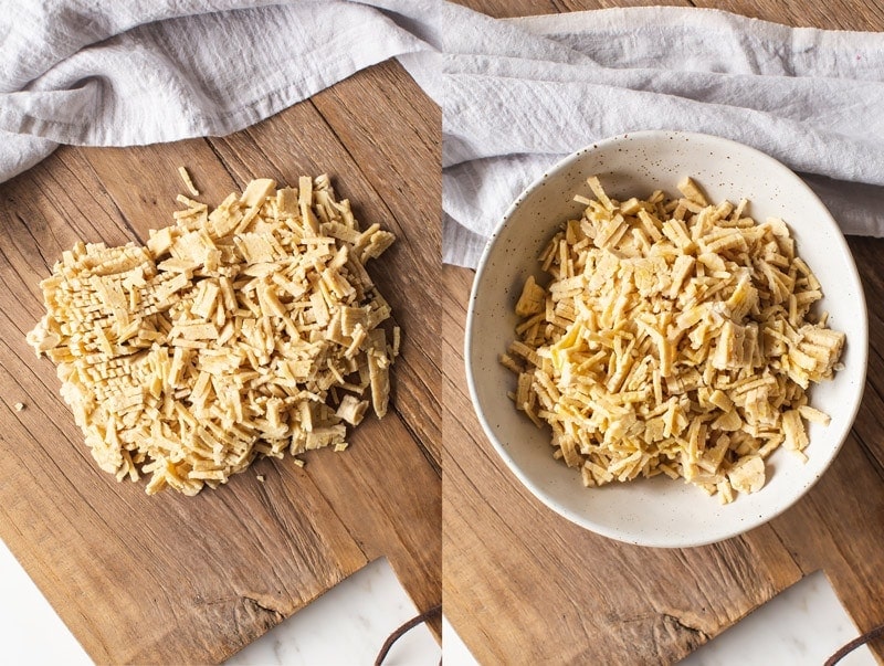 Slicing tempeh into fine strips and coating with olive oil