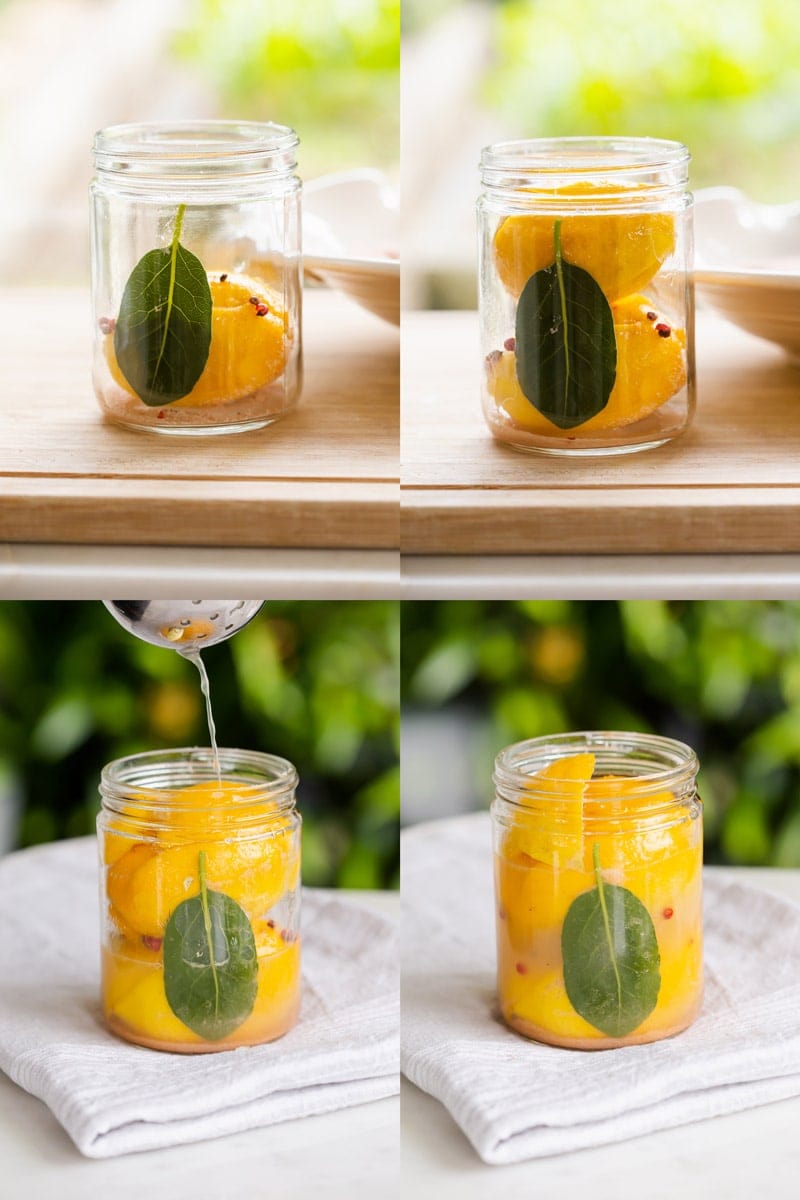 Montage showing a jar of preserved lemons as more lemons are being added and packed down