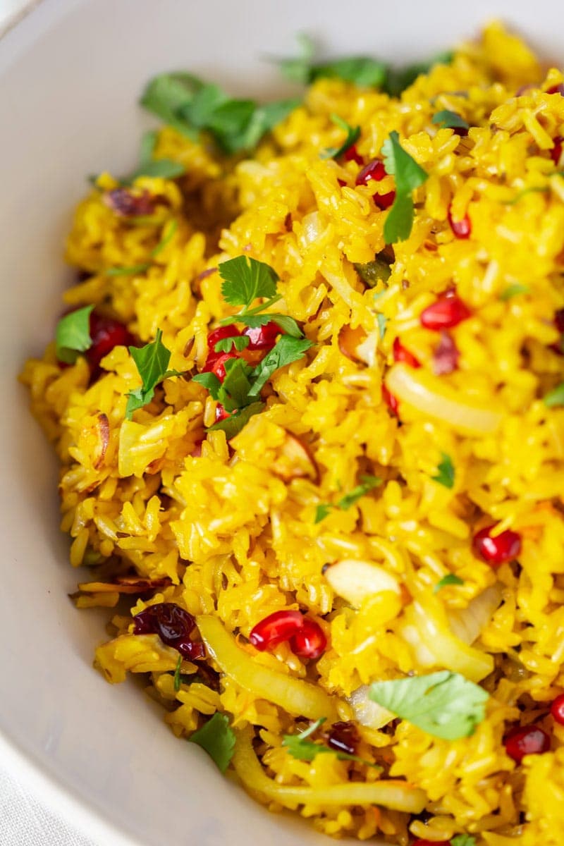 Close up of jewelled saffron rice