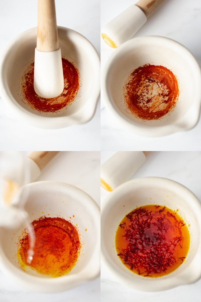 A step-by-step collage showing how to grind then hydrate saffron in a mortar and pestle