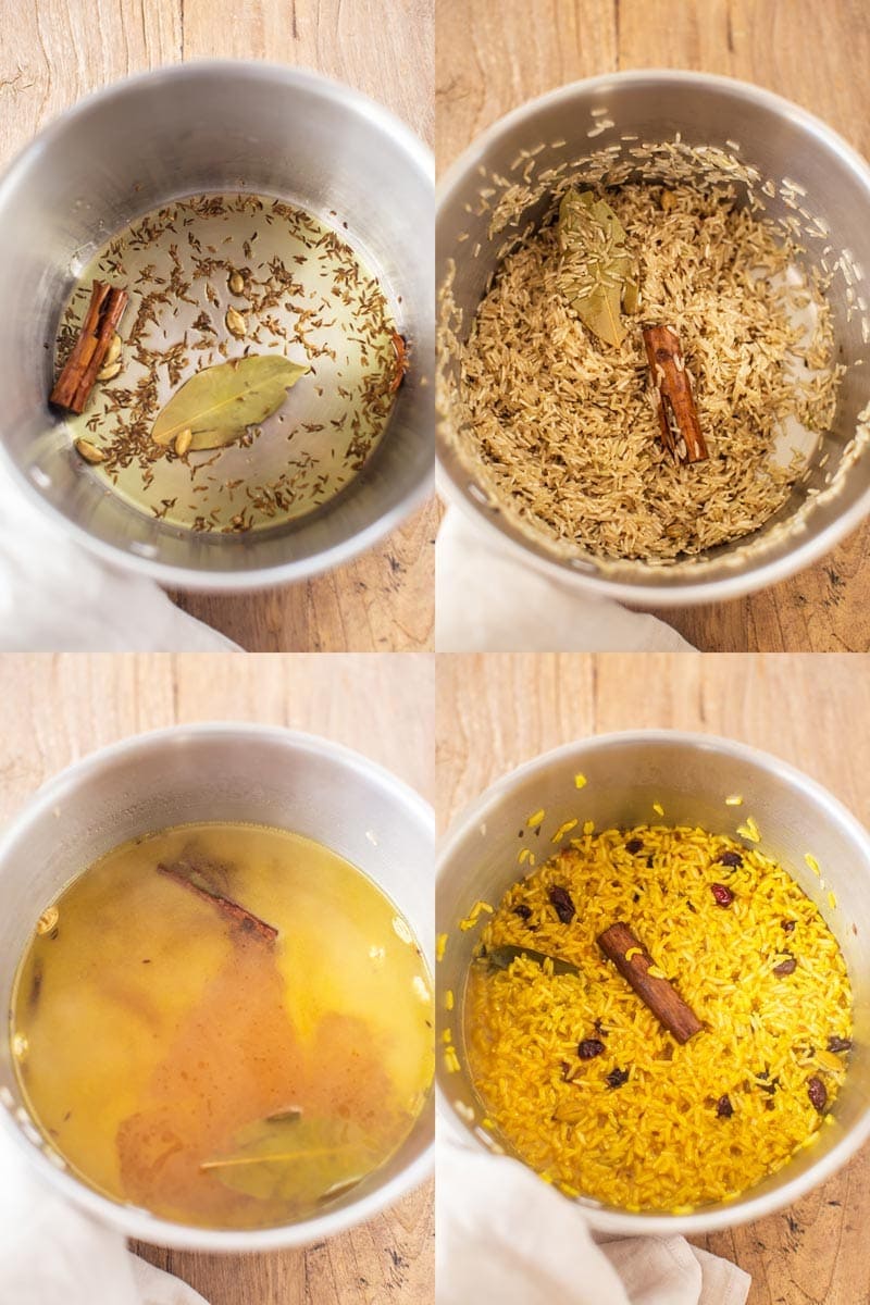 A step-by-step collage showing how to fry spices then cook basmati rice with saffron