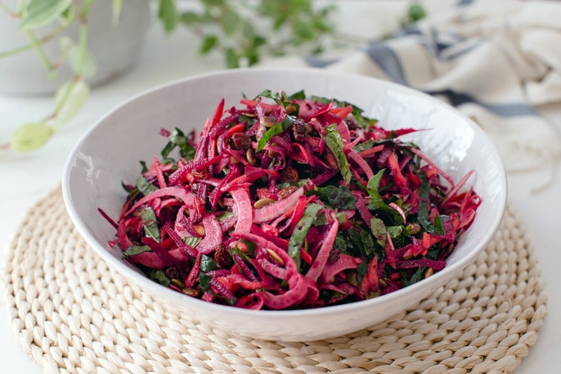 Raw beet salad looking beautiful - makes going plant-based look easy!