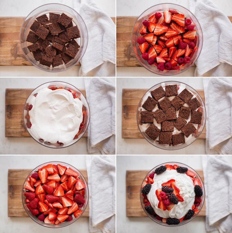 Series of six images showing what order to layer ingredients in a trifle recipe