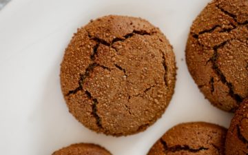 Close up of a single ginger cookie with a lovely crackled surface.