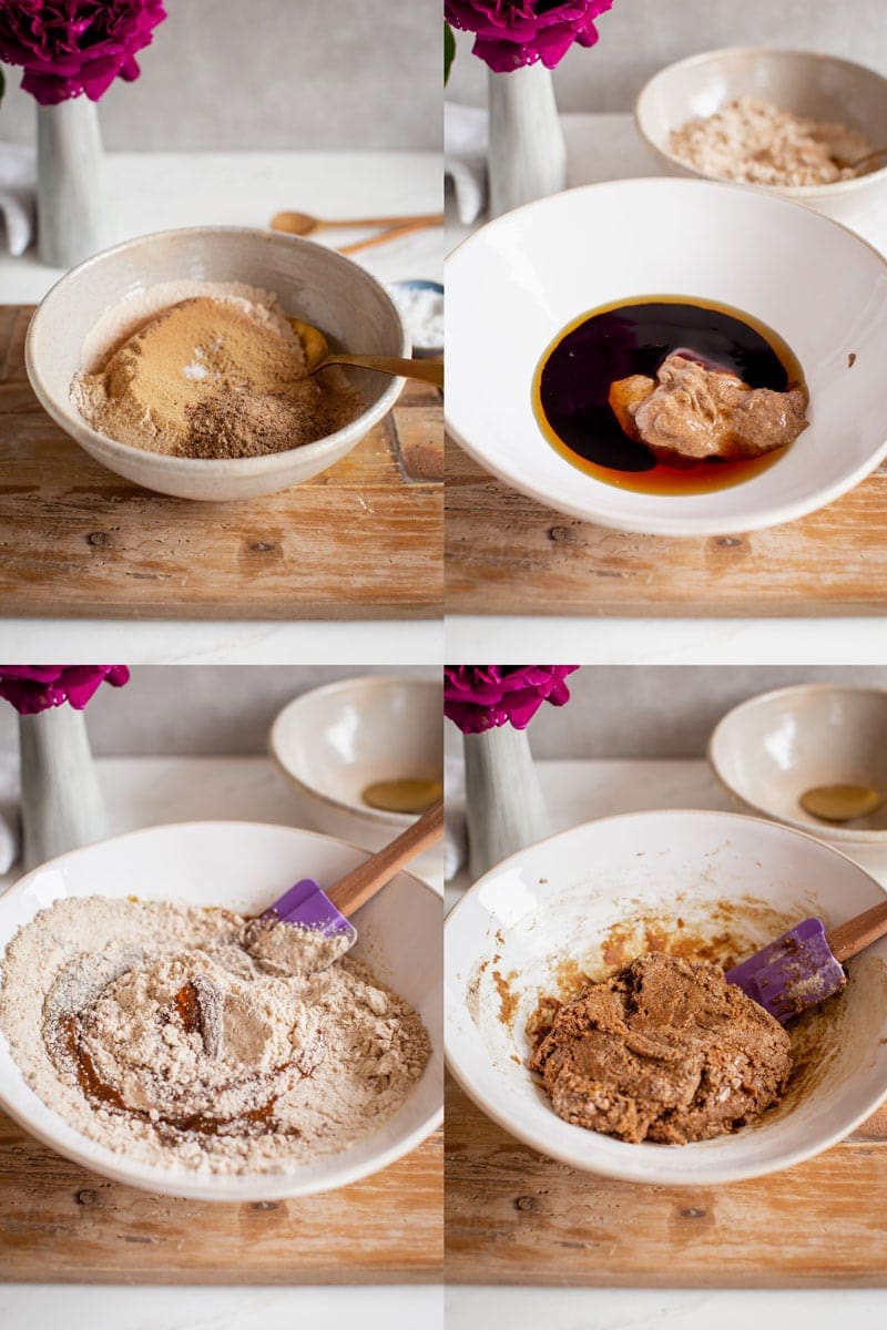 Four step-by-step images showing how to make cookies - sifting dry ingredients, combining with wet, then forming a dough