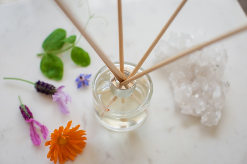 Overhead shot of the diffuser bottle filled with natural reeds.