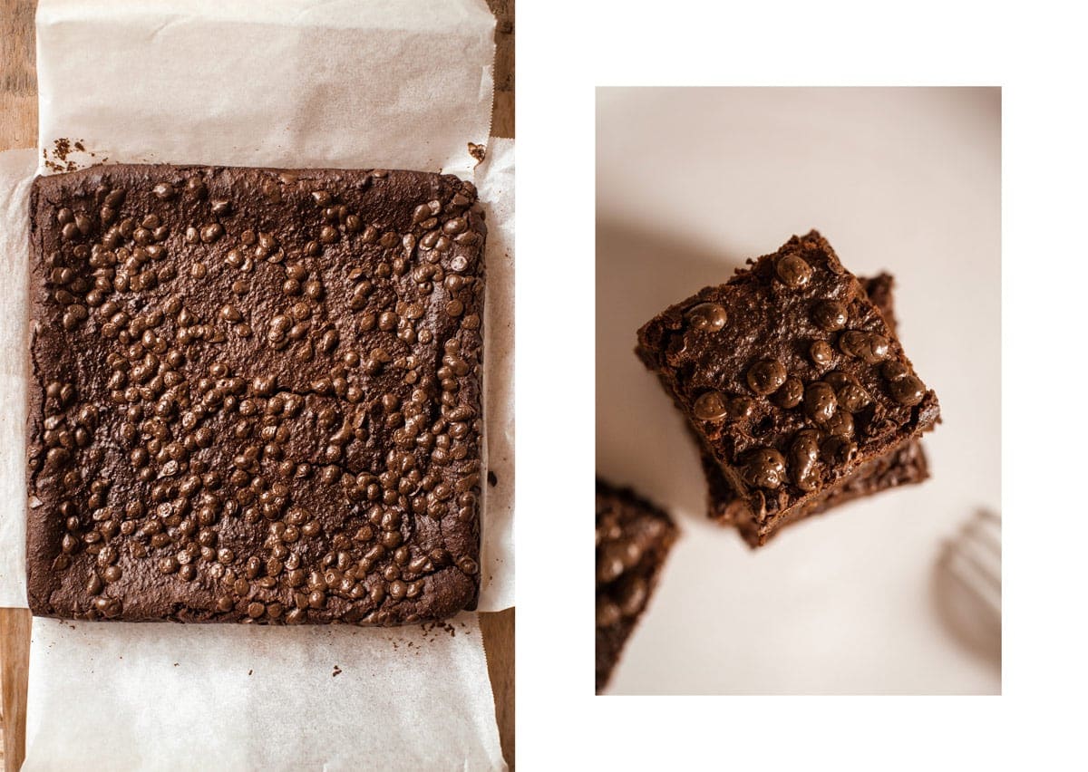 Two pics - fully baked brownie on the left, and a close up of a single slice on the right