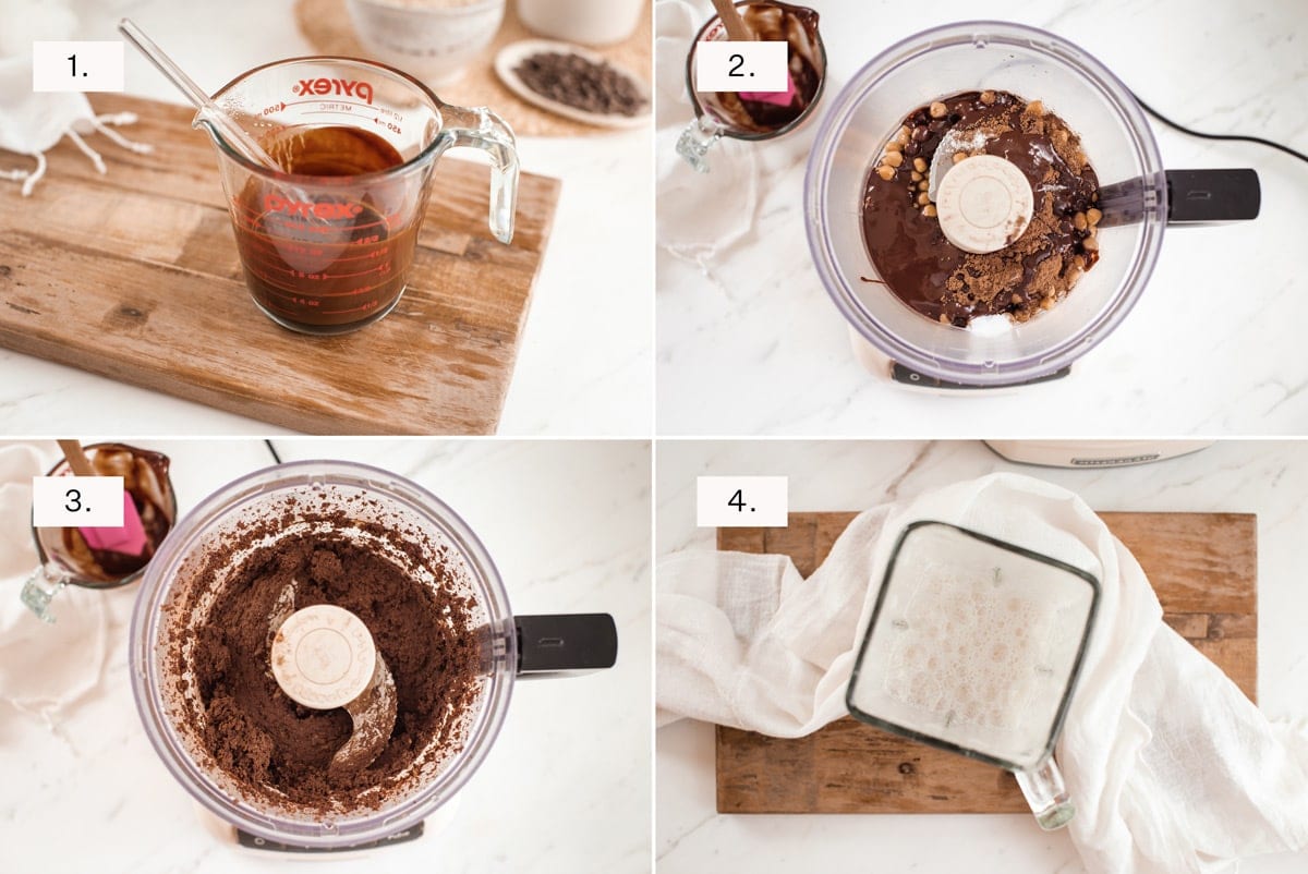 Step by step photos, 1 through to 4, showing how to make chickpea brownies