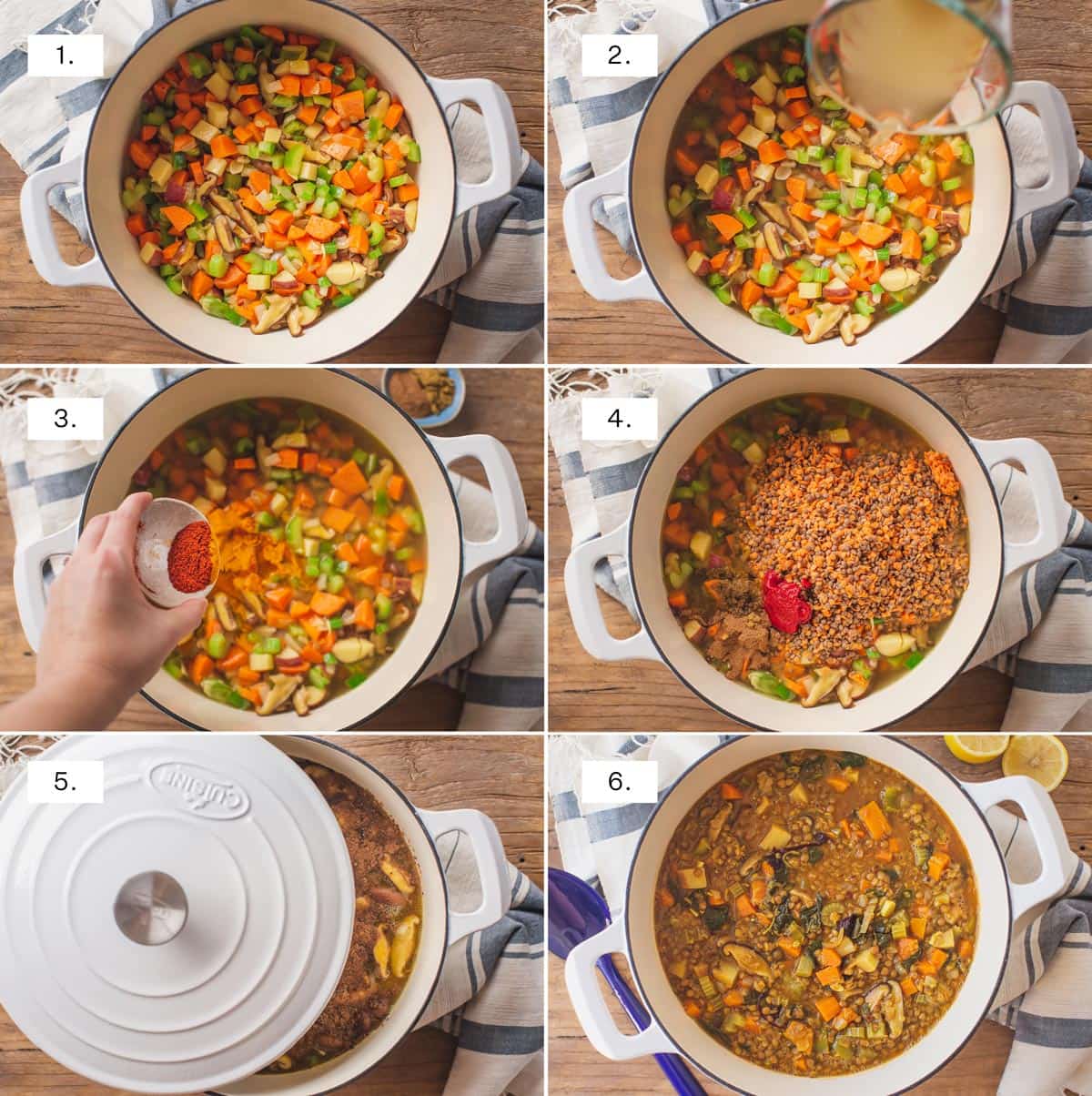 Step by step collage showing how to make vegetable lentil soup