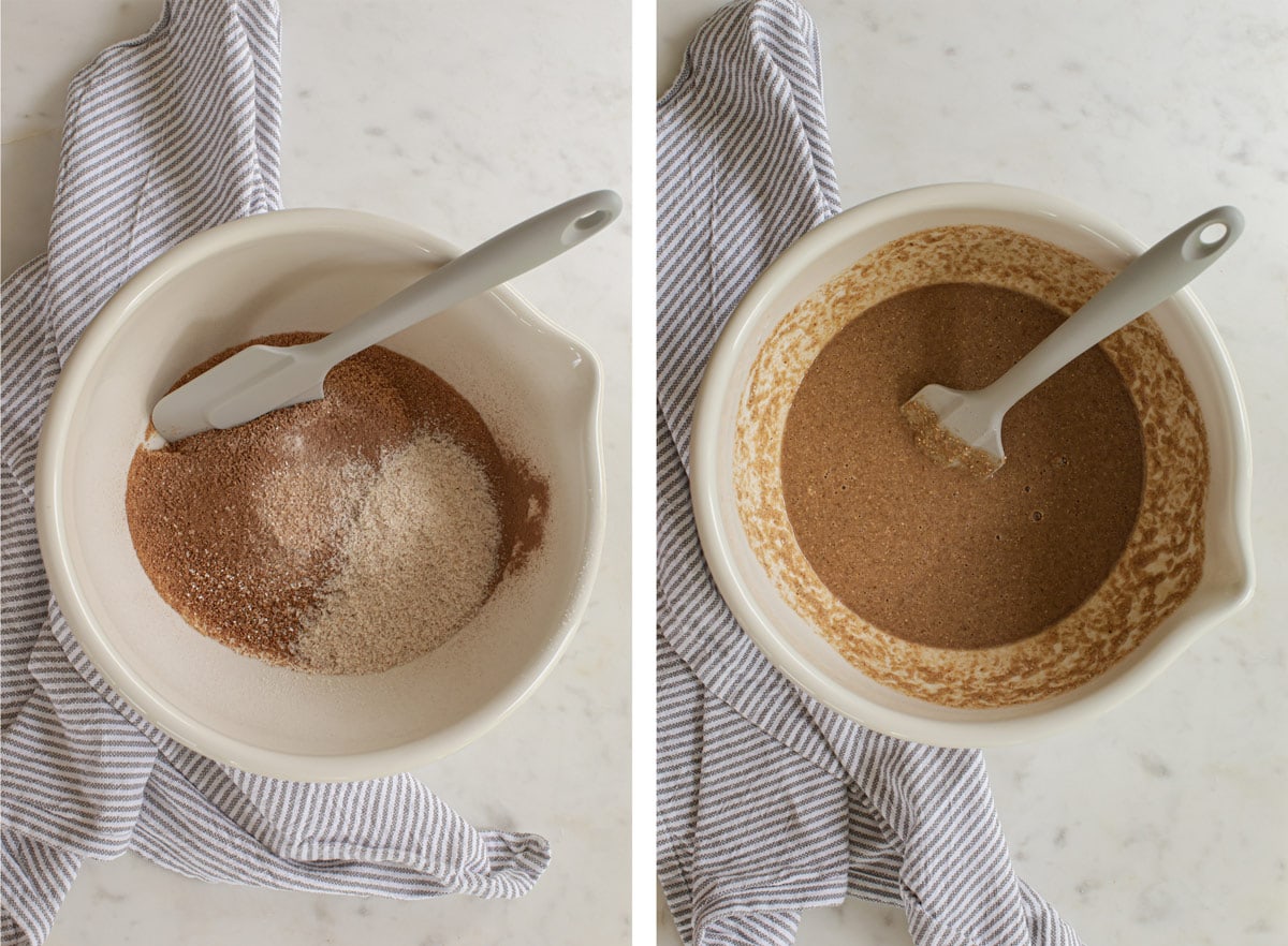 Two images side by side. On the left, all the dry ingredients sifted into a mixing bowl. On the right, the wet ingredients have been added to create a batter.