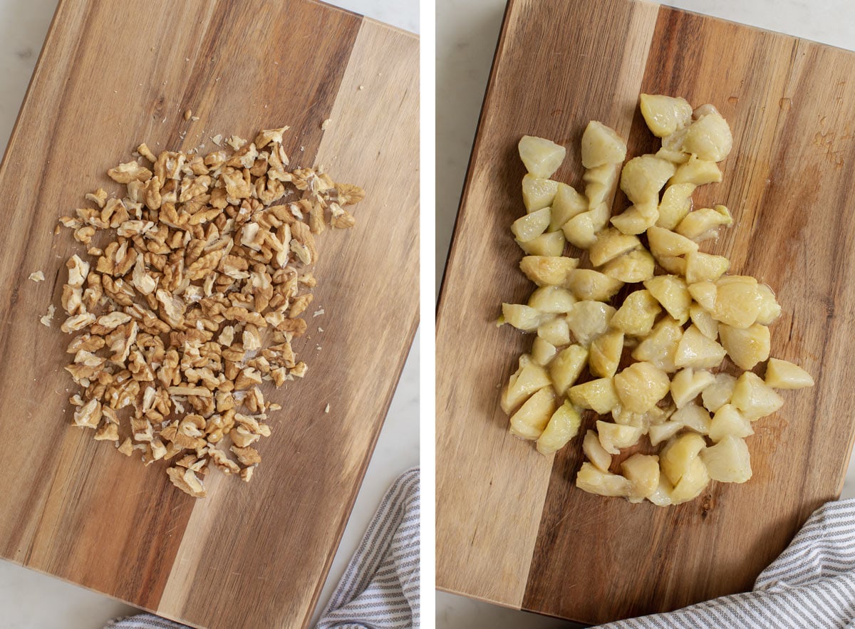 Two photos side by side. On the left, toasted and chopped walnuts on a board. On the right, scooped and chopped feijoa felsh.