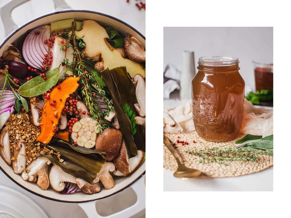 On the left, a close up of the broth ingredients in a stock pot, on the right, a large mason jar filled with homemade vegan broth.