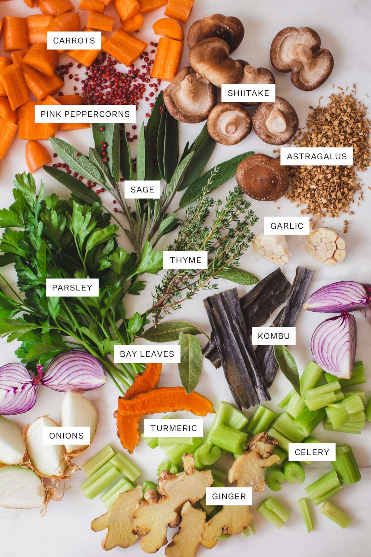 Flat lay of ingredients used to make a medicinal vegetable broth.