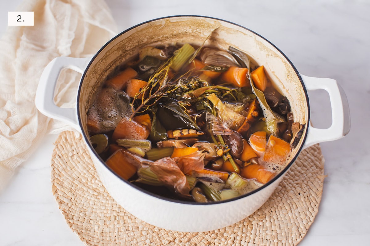 Step two showing the fully cooked vegetable broth in the stock pot.