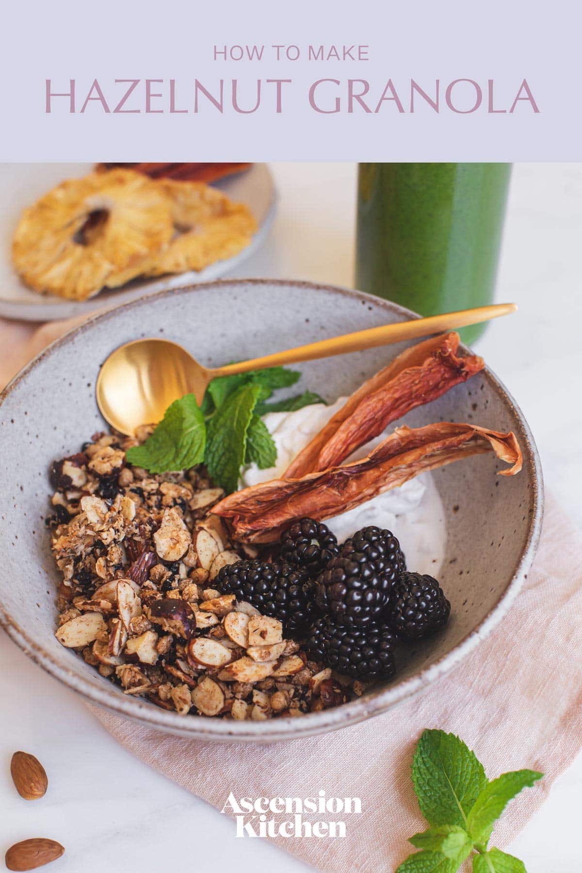 Styled bowl of granola and fruit with the recipe title printed over the top.