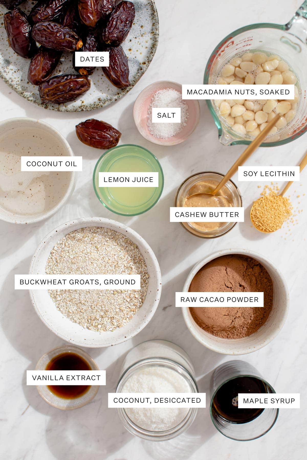 Flat lay of all the ingredients needed to make this recipe: buckwheat, desiccated coconut, coconut oil, vanilla, maple syrup, cacao powder, lemon juice, soy lecithin granules, cashew butter, macadamia nuts, Medjool dates and sea salt