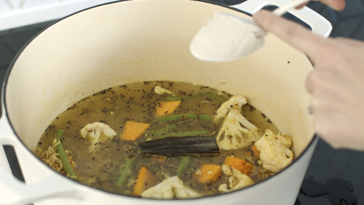 All other ingredients have been added to the pot - the vegetable stock, vegetables, kombu and coconut cream