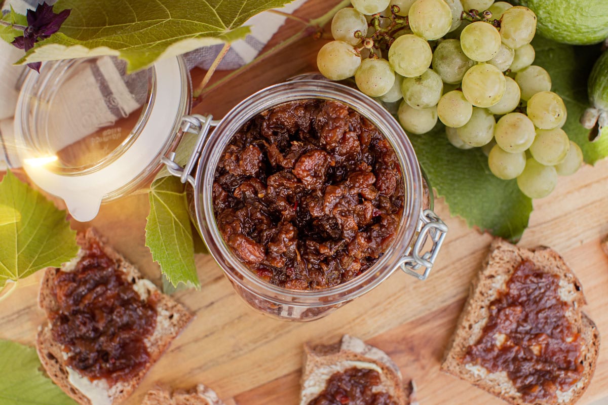 An open jar filled with home made chutney