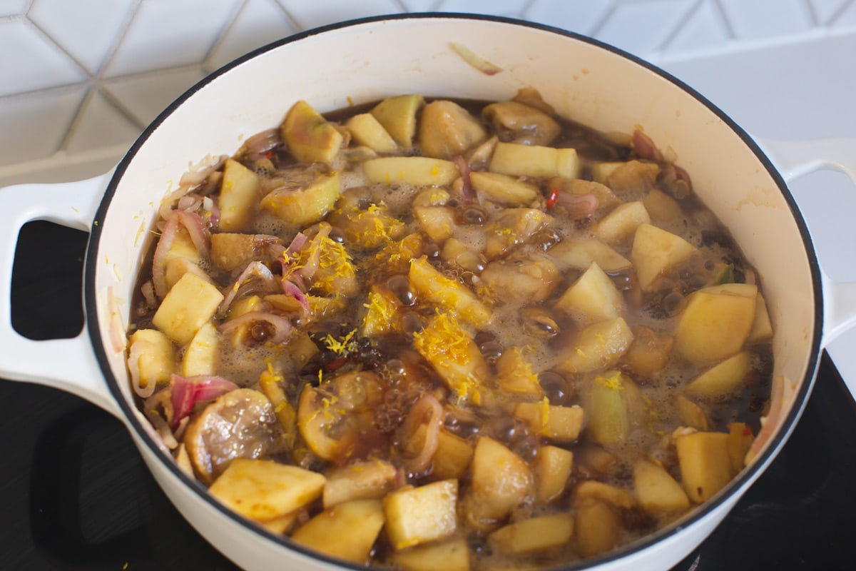 The chutney is simmering away in the saucepan