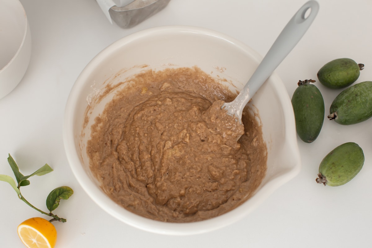 The finished feijoa batter in a mixing bowl - no clumps of flour.