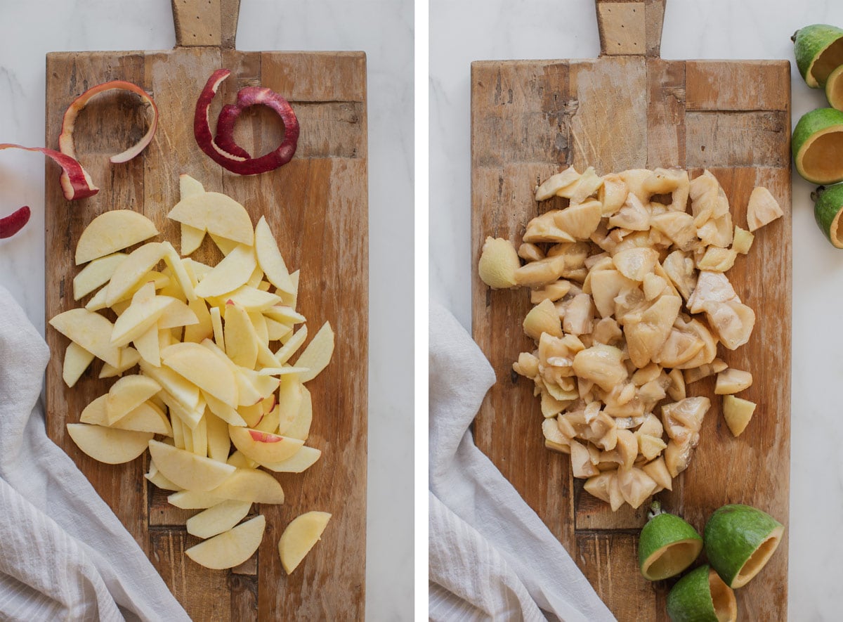 Two images side by side, on the left - peeled and sliced apples on a wooden board ready to steam, on the right, scooped and chopped feijoa fruits also on a wooden board.