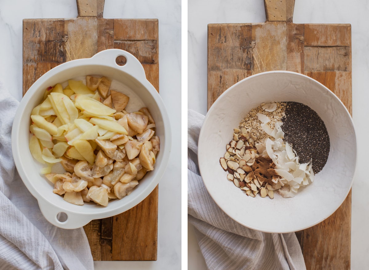 Two images side by side. On the left, a baking dish filled with apple and feijoa, on the right, a bowl filled with all dry ingredients needed to make the crumble topping.