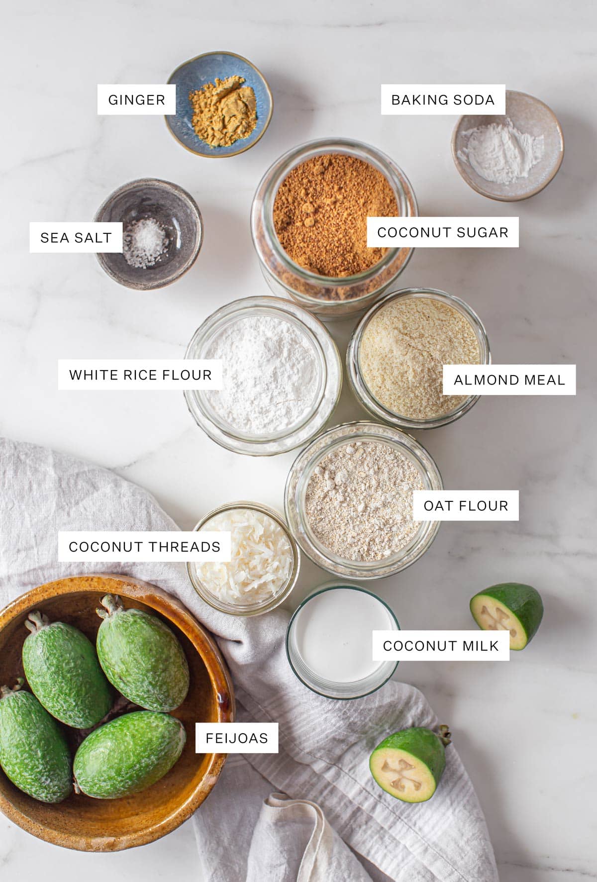 Flat lay of all the ingredients needed to make this recipe, such as several different types of flours, feijoa fruit, spices and coconut.